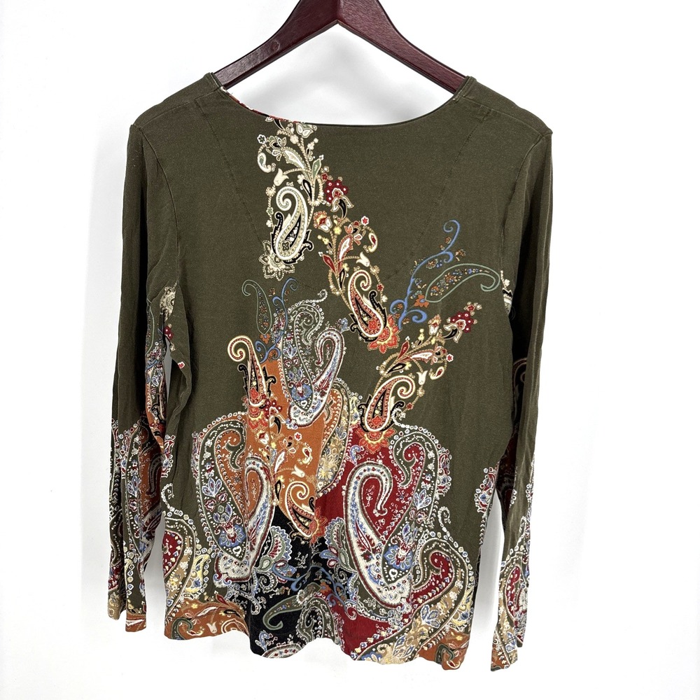 Chicos Olive Green Multi Color Paisley Shirt Top Large Office Stretch Travel - Picture 6 of 6